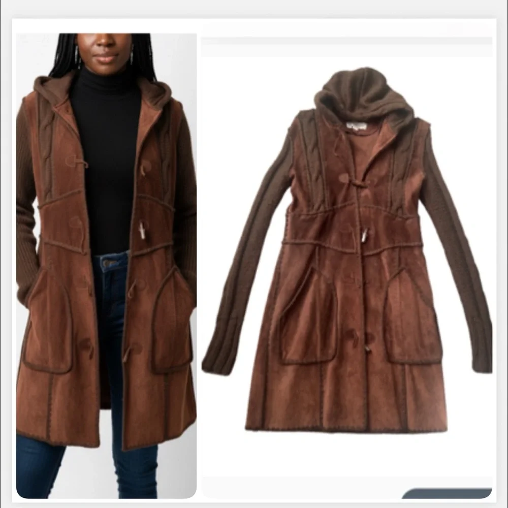 Y2K Festival Ready Brown Suede Sweater Hooded Women's Coat‎